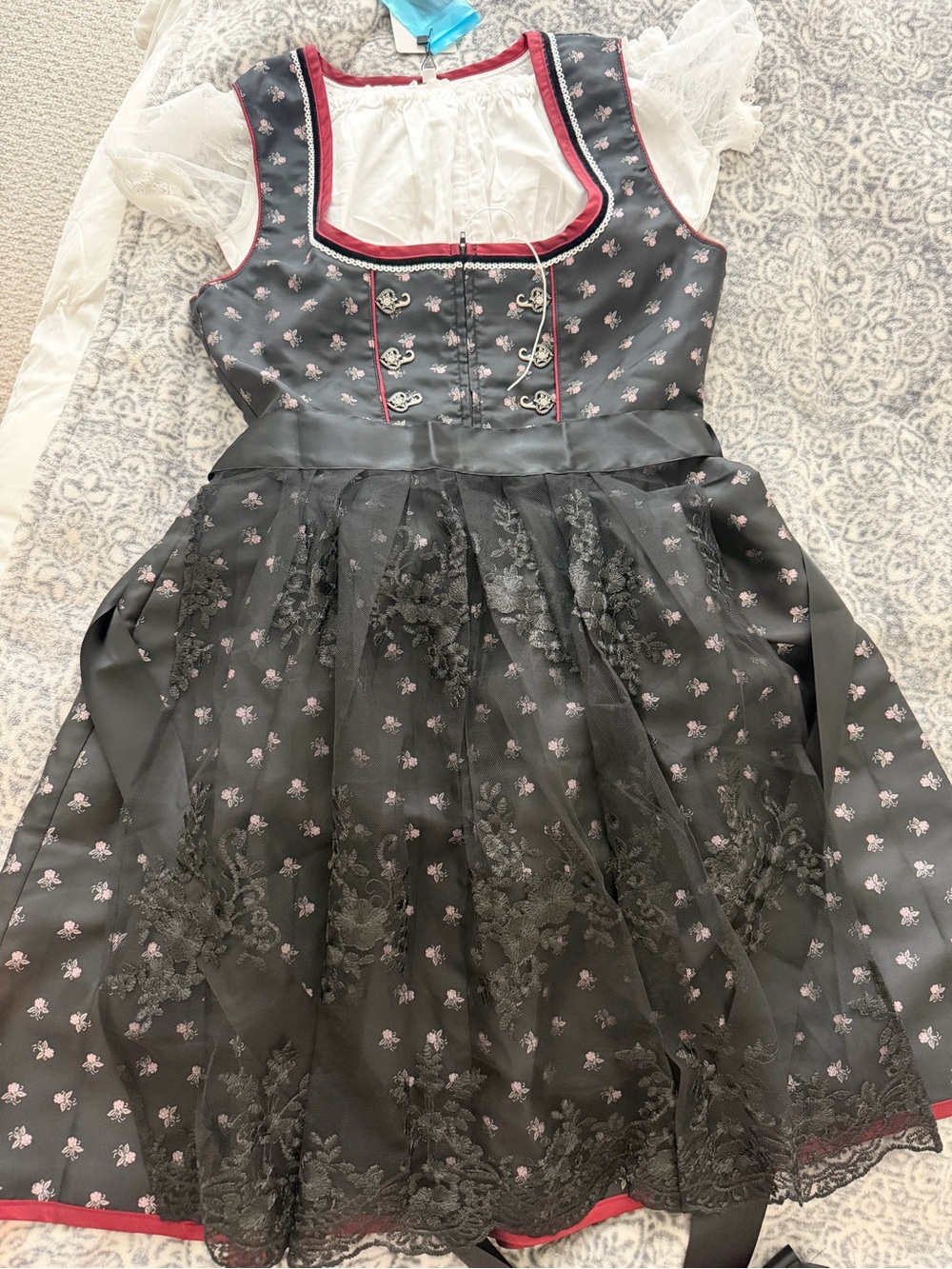 Black Floral Dirndl Dress with Lace Apron and White Blouse